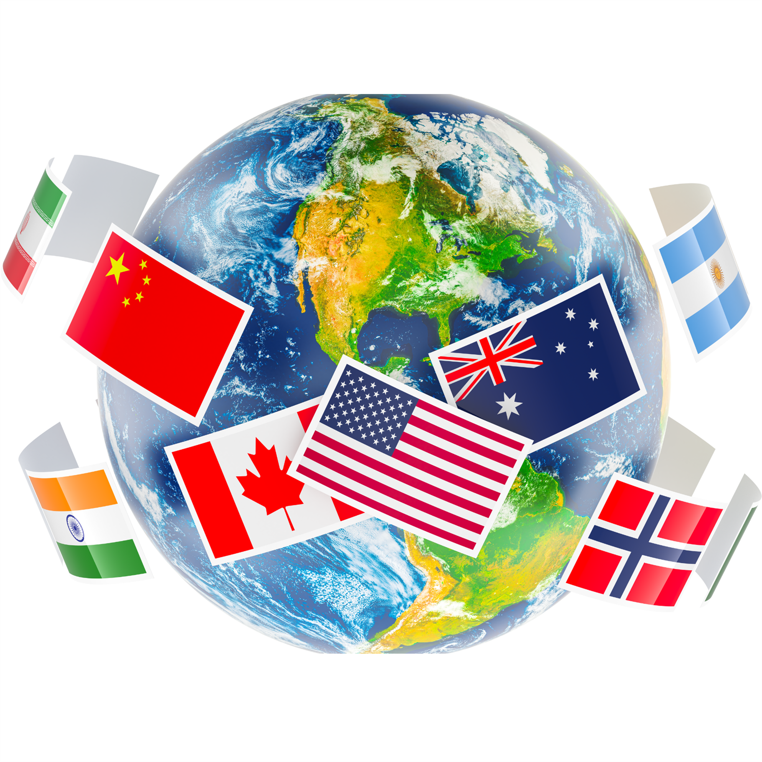  Globe surrounded by colorful flags of countries 